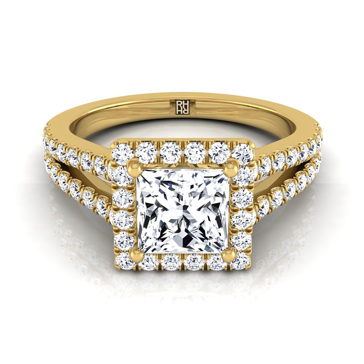 Nicki Select Split Shank Pavé Halo Princess Cut Lab Diamond Engagement Ring in 18K Yellow Gold | RockHer