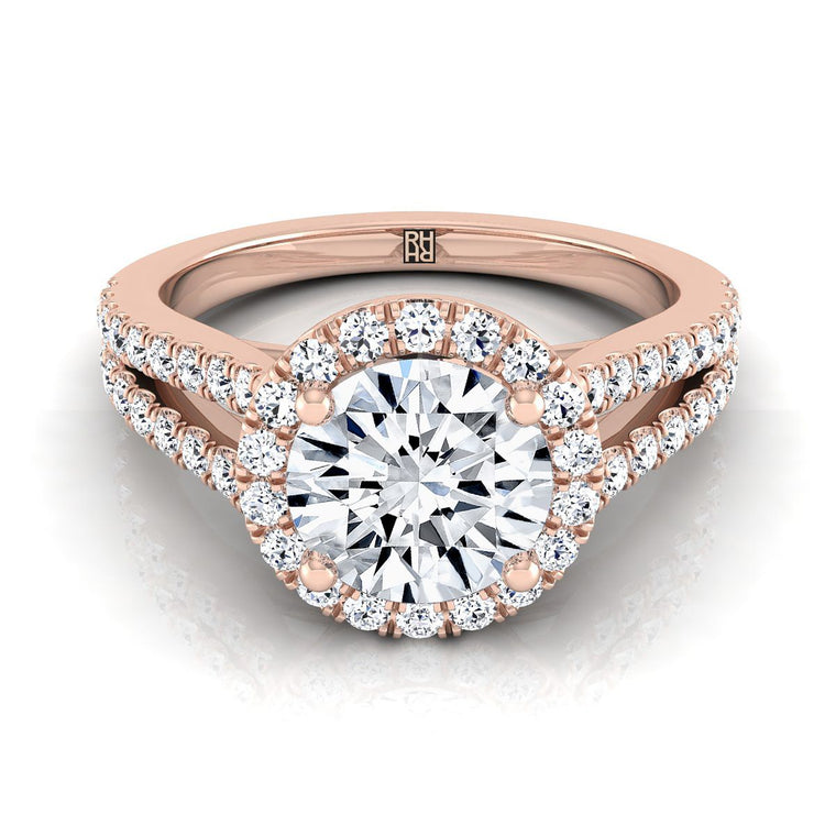 The Nicki Split Shank Pavé Halo Round Engagement Ring Setting in 14K Rose Gold