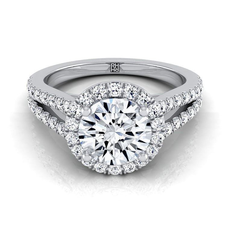 The Tallis Split Shank Pavé Halo Round Engagement Ring Setting in 18K White Gold