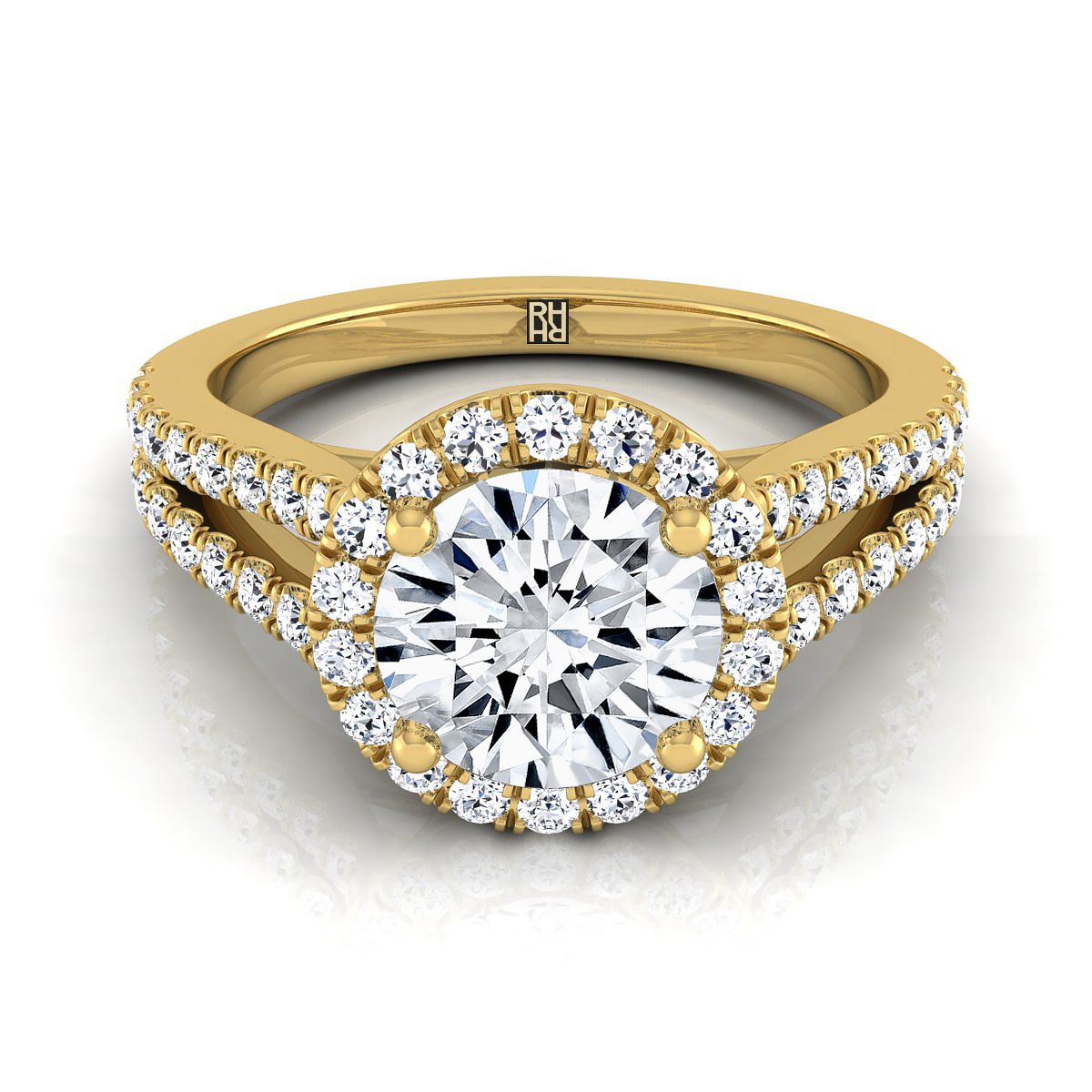 Nicki Select Split Shank Pavé Halo Round Lab Diamond Engagement Ring in 18K Yellow Gold | RockHer