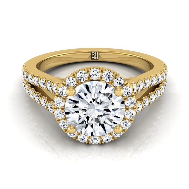 Nicki Select Split Shank Pavé Halo Round Lab Diamond Engagement Ring in 14K Yellow Gold | RockHer