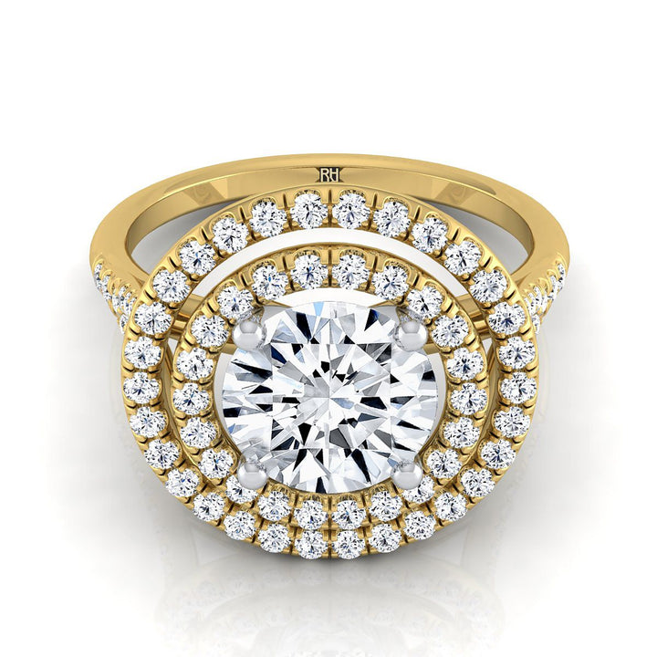 Round Brilliant, Double Halo Split Shank Pavé, in 18K Yellow Gold, pave setting – view 8 | RockHer