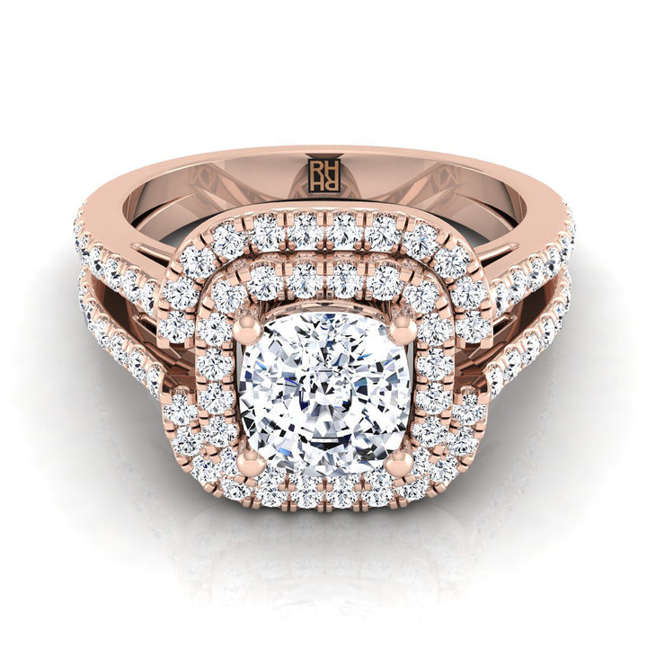 Open Double Row Split Shank Halo Cushion, in 14K Rose Gold, pave setting | RockHer