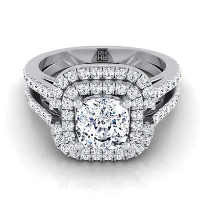 Open Double Row Split Shank Halo Cushion, in 18K White Gold, pave setting | RockHer