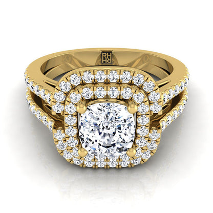 Open Double Row Split Shank Halo Cushion, in 18K Yellow Gold, pave setting | RockHer