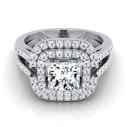 Open Double Row Split Shank Halo Princess, in 18K White Gold, pave setting | RockHer