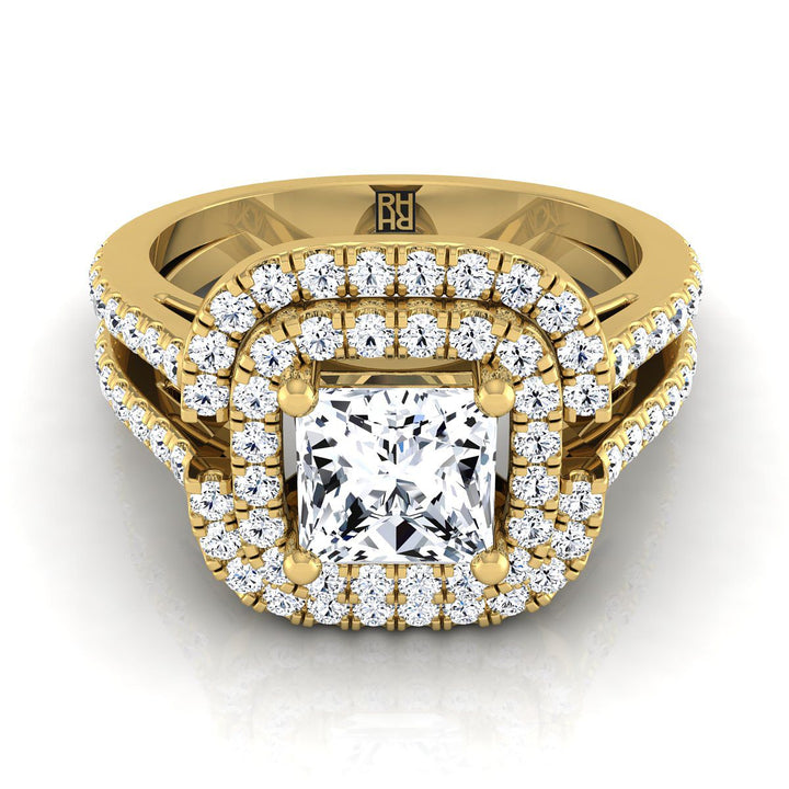 Open Double Row Split Shank Halo Princess, in 18K Yellow Gold, pave setting | RockHer