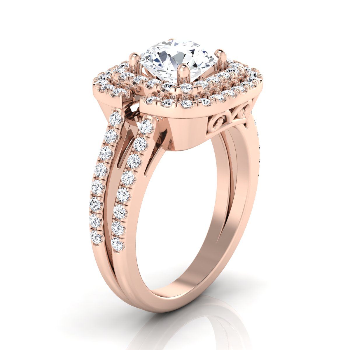 14K Rose Gold Round Brilliant Open Double Diamond Row Split Shank and Halo Engagement Ring -5/8ctw