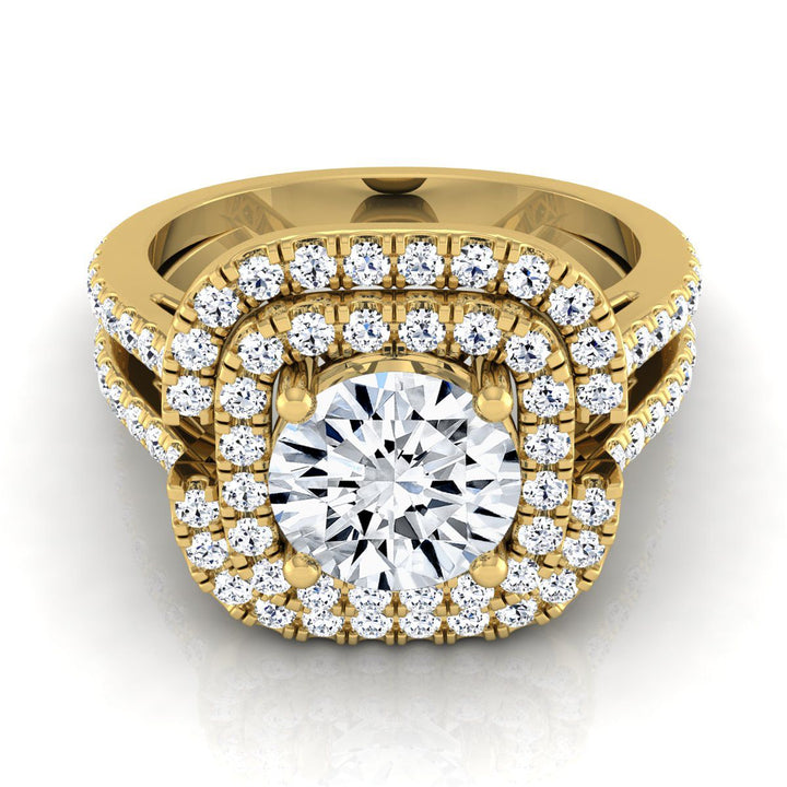 Round Brilliant, Open Double Row Split Shank Halo, in 18K Yellow Gold, pave setting | RockHer