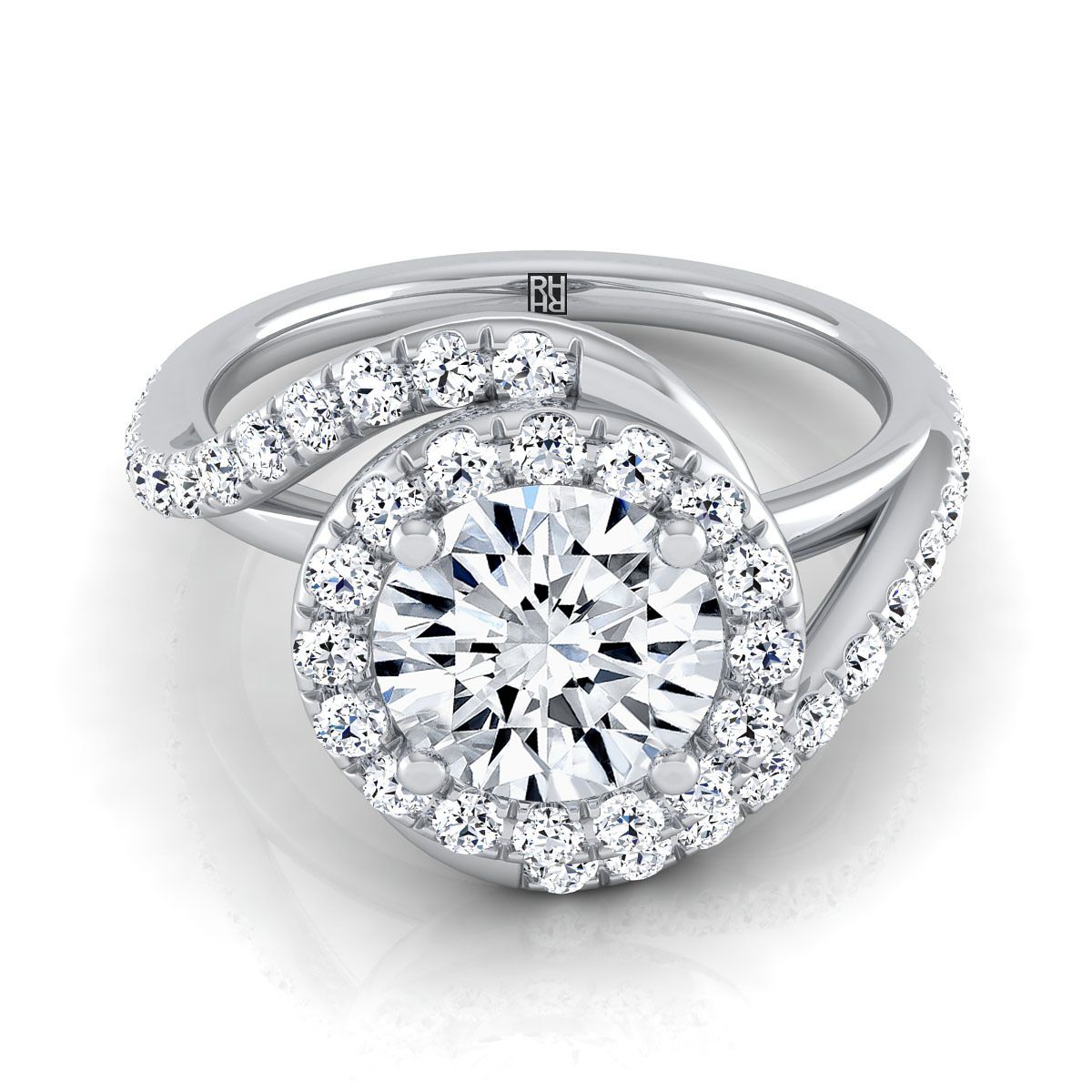 Ariana Select Swirl Halo Round Lab Diamond Engagement Ring in 18K White Gold | RockHer