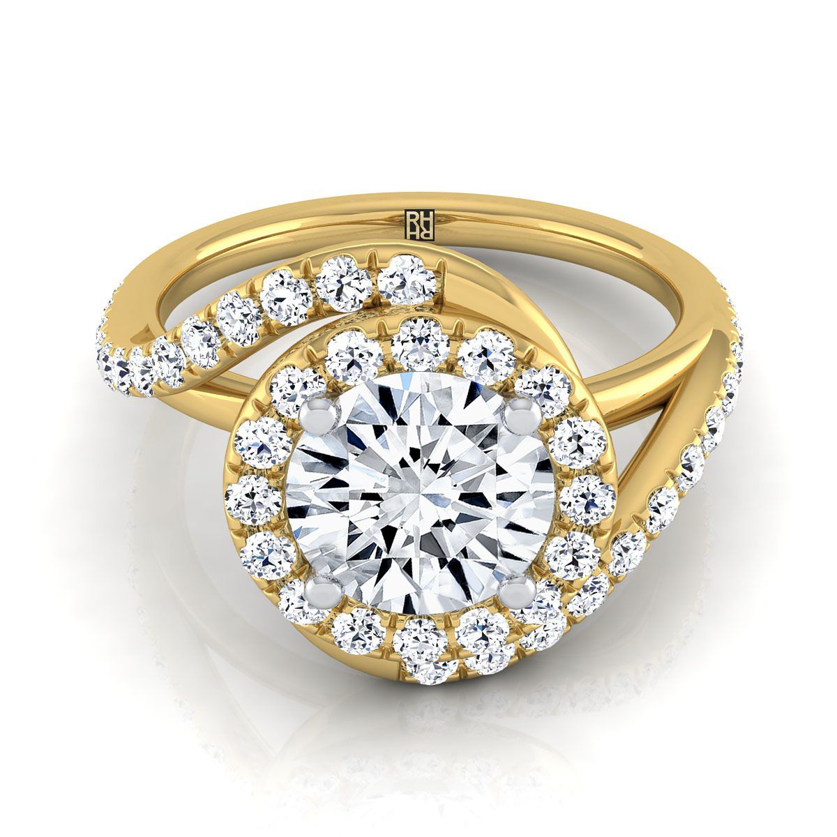 The Ariana round setting in 18K Yellow Gold, a select swirl halo design from RockHer