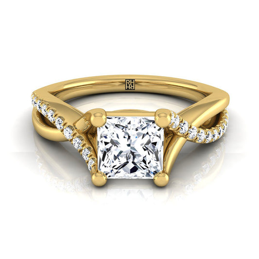 18K Yellow Gold Princess Cut Bypass Pave Diamond Twist Engagement Ring -1/6ctw