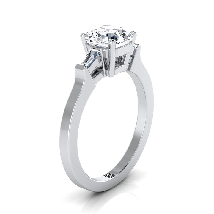 June tapered baguette three stone engagement ring in platinum with asscher lab diamond — RockHer