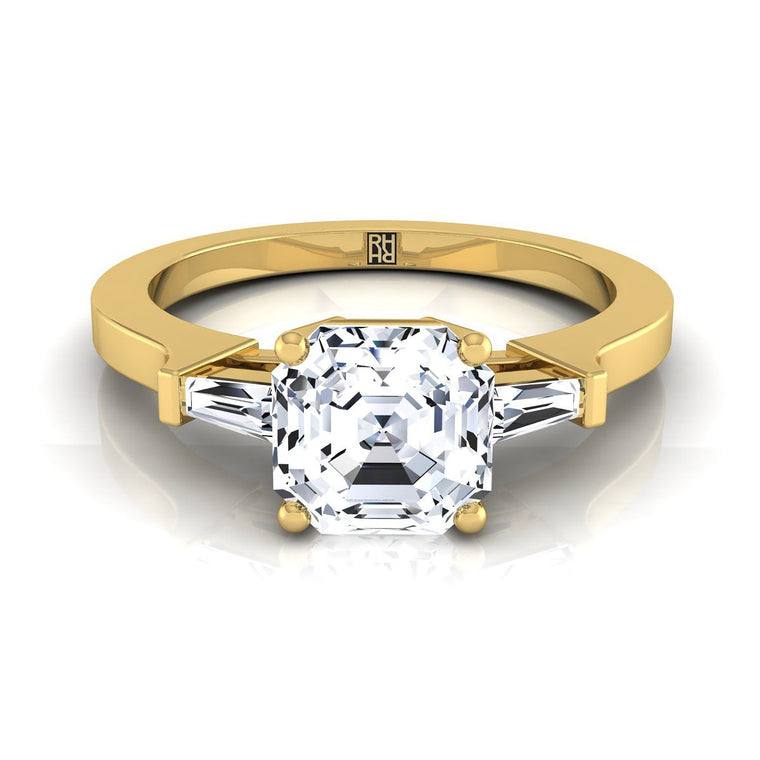 The June Three Stone Asscher Cut Engagement Ring Setting in 18K Yellow Gold