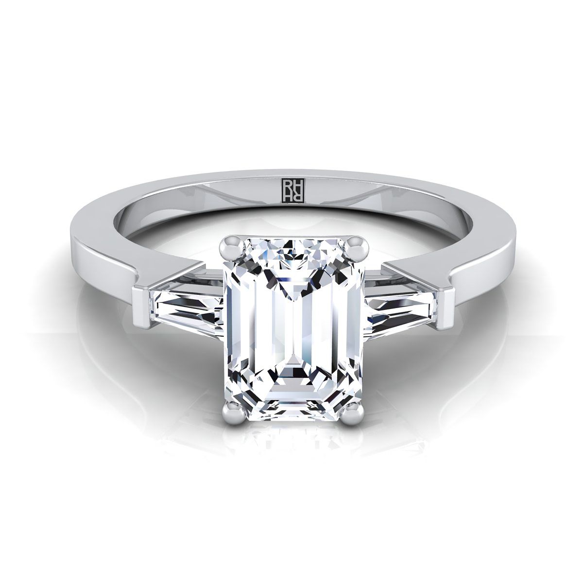 June Select Three Stone Emerald Cut Lab Diamond Engagement Ring in 18K White Gold | RockHer