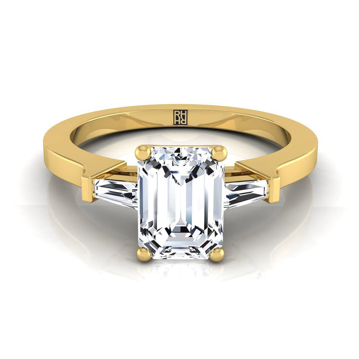 European Cut, Tapered Baguette Three Stone Emerald, in 18K Yellow Gold, channel setting | RockHer