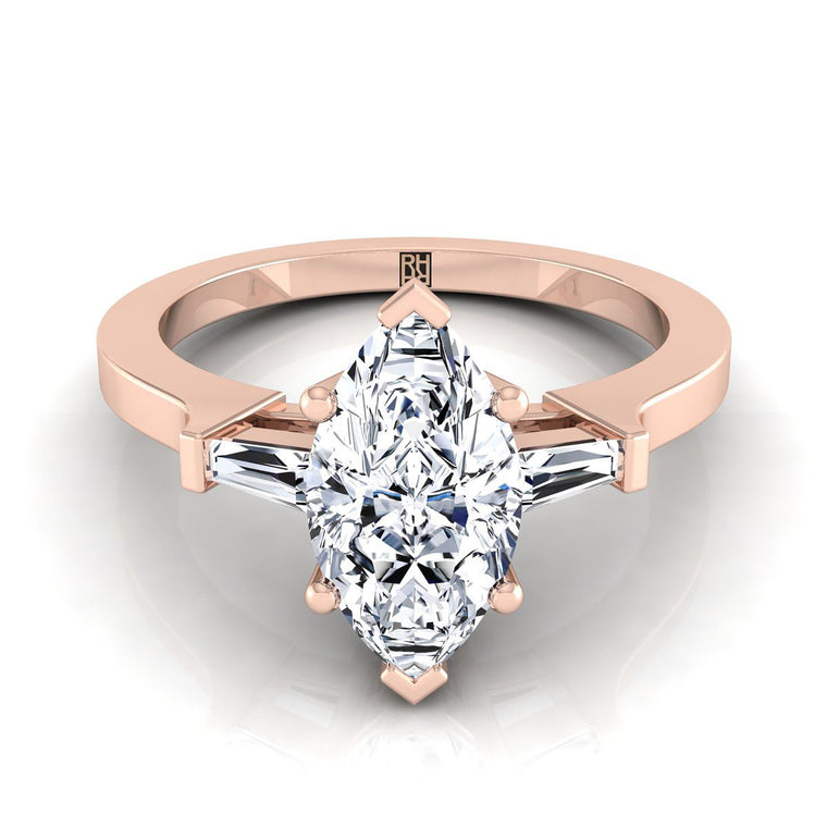 The June Three Stone Marquise Engagement Ring Setting in 14K Rose Gold