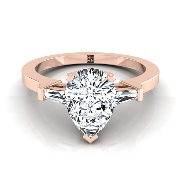 Tapered Baguette Three Stone Pear Shape, in 14K Rose Gold, channel setting | RockHer