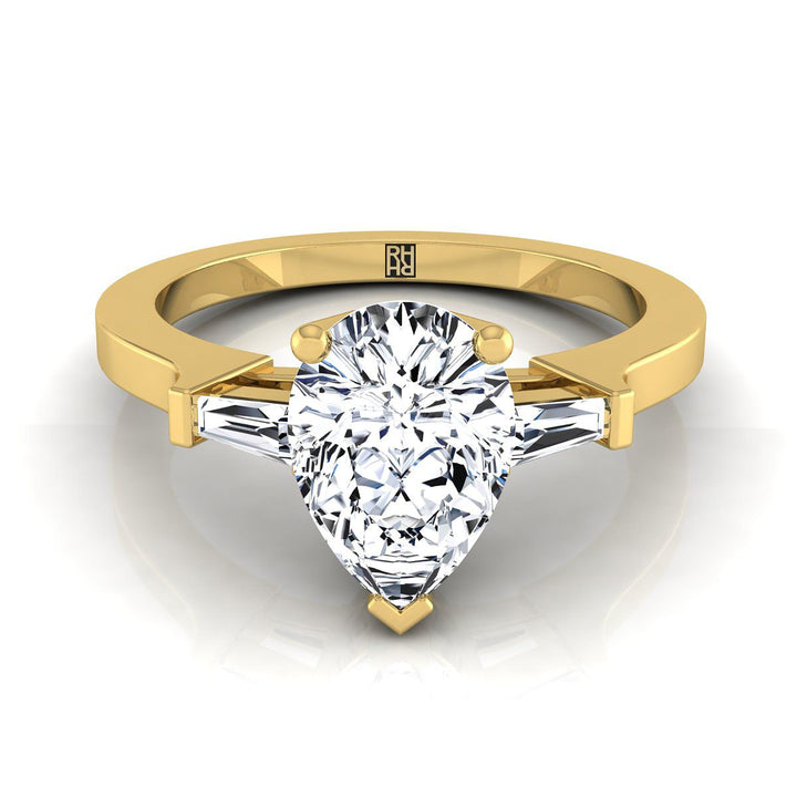 Tapered Baguette Three Stone Pear Shape, in 18K Yellow Gold, channel setting | RockHer