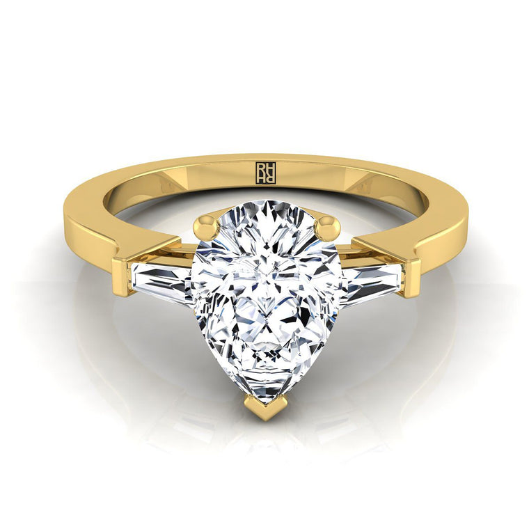 The June Three Stone Pear Engagement Ring Setting in 18K Yellow Gold