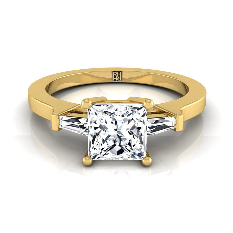The June Select Three Stone Princess Cut Lab Diamond Engagement Ring in 18K Yellow Gold