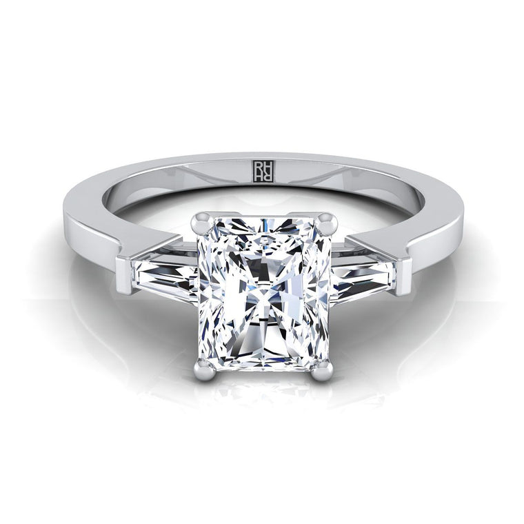 The June Three Stone Radiant Cut Engagement Ring Setting in 18K White Gold