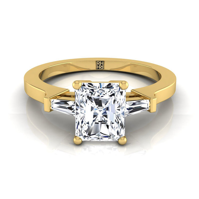 The June Select Three Stone Radiant Cut Lab Diamond Engagement Ring in 18K Yellow Gold