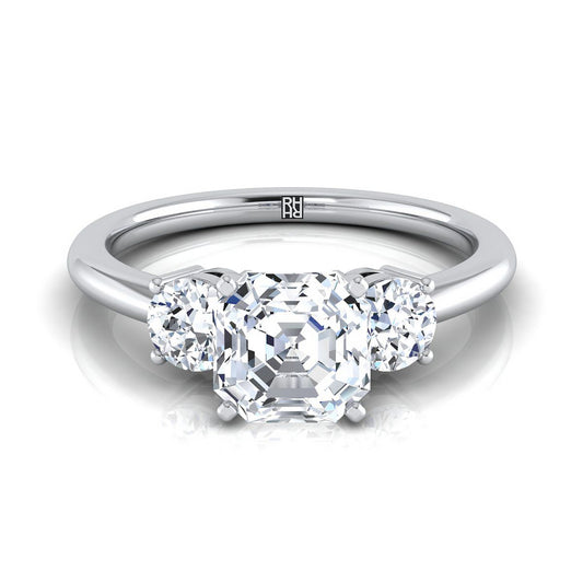 14K White Gold Asscher Cut Diamond Perfectly Matched Round Three Stone Diamond Engagement Ring -1/4ctw