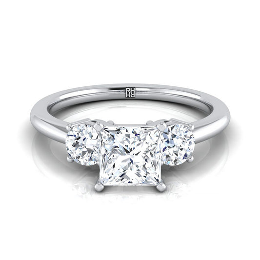 Platinum Princess Cut Diamond Perfectly Matched Round Three Stone Diamond Engagement Ring -1/4ctw