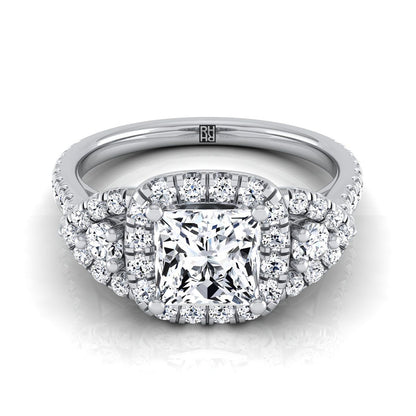 Delicate Three Stone Halo Princess, in Platinum, pave setting | RockHer