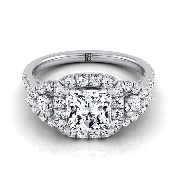 Delicate Three Stone Halo Princess, in Platinum, pave setting | RockHer