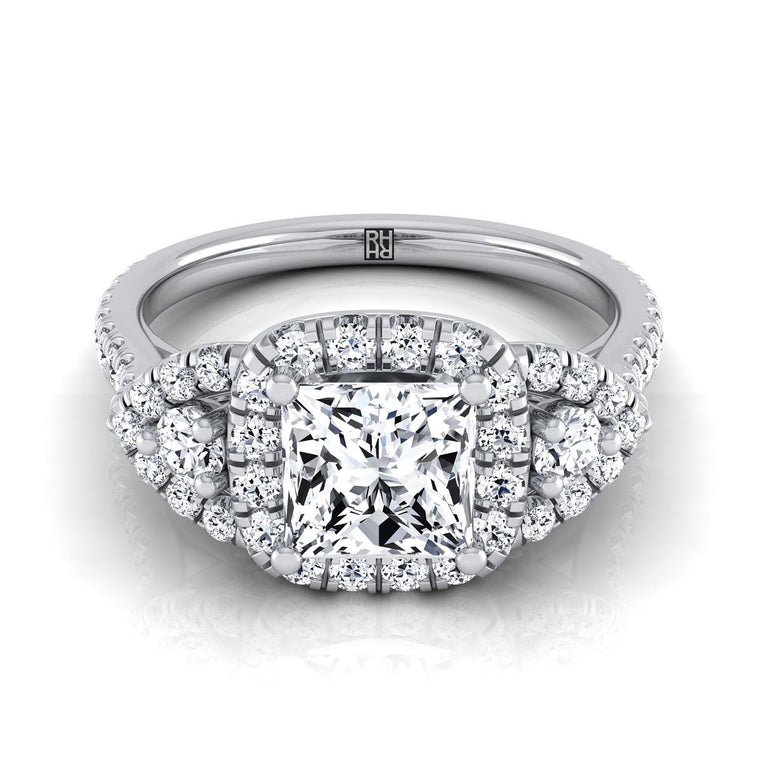 The Jennifer Delicate Three Stone Halo Princess Cut Engagement Ring Setting in Platinum