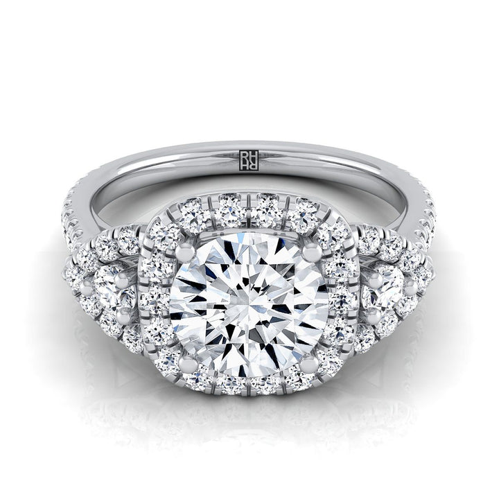 Round Brilliant, Delicate Three Stone Halo, in 18K White Gold, pave setting | RockHer