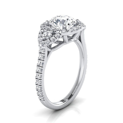 Round Brilliant, Delicate Three Stone Halo, in Platinum, pave setting – side profile | RockHer