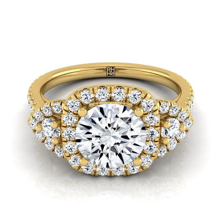 Round Brilliant, Delicate Three Stone Halo, in 18K Yellow Gold, pave setting – view 8 | RockHer