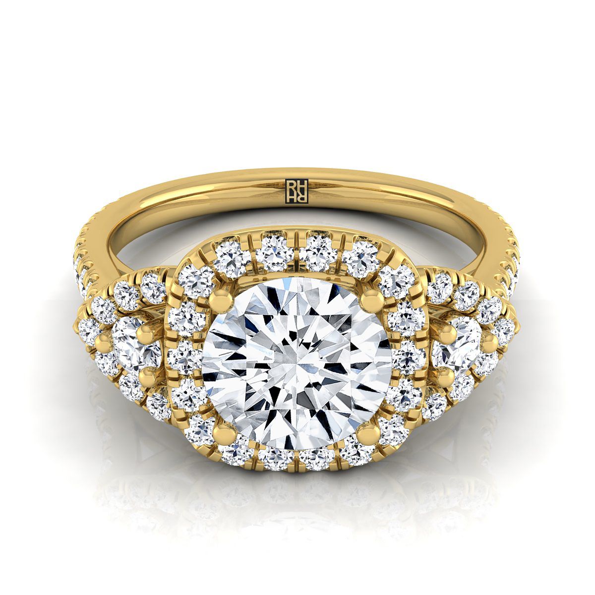 Jennifer Select Three Stone With Halo Round Lab Diamond Engagement Ring in 18K Yellow Gold | RockHer