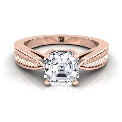 Vintage Leaf Pattern Solitaire Asscher, in 14K Rose Gold, prong setting | RockHer