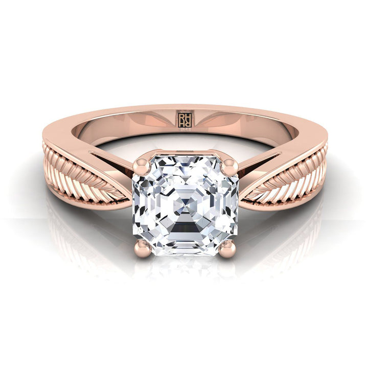 Vintage Leaf Pattern Solitaire Asscher, in 14K Rose Gold, prong setting | RockHer