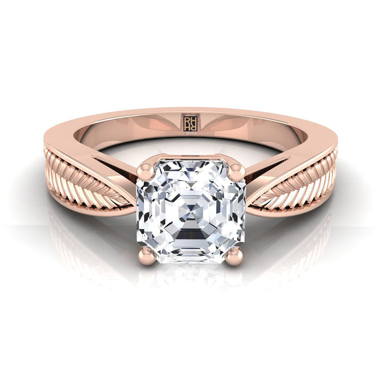 The Roberta Vintage Leaf Pattern Solitaire Asscher Cut Engagement Ring Setting in 14K Rose Gold