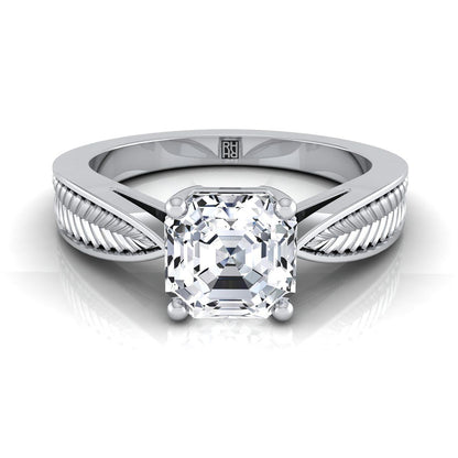 Vintage Leaf Pattern Solitaire Asscher, in 18K White Gold, prong setting | RockHer
