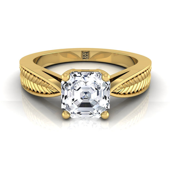Vintage Leaf Pattern Solitaire Asscher, in 18K Yellow Gold, prong setting | RockHer