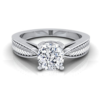 Vintage Leaf Pattern Solitaire Cushion, in 18K White Gold, prong setting | RockHer