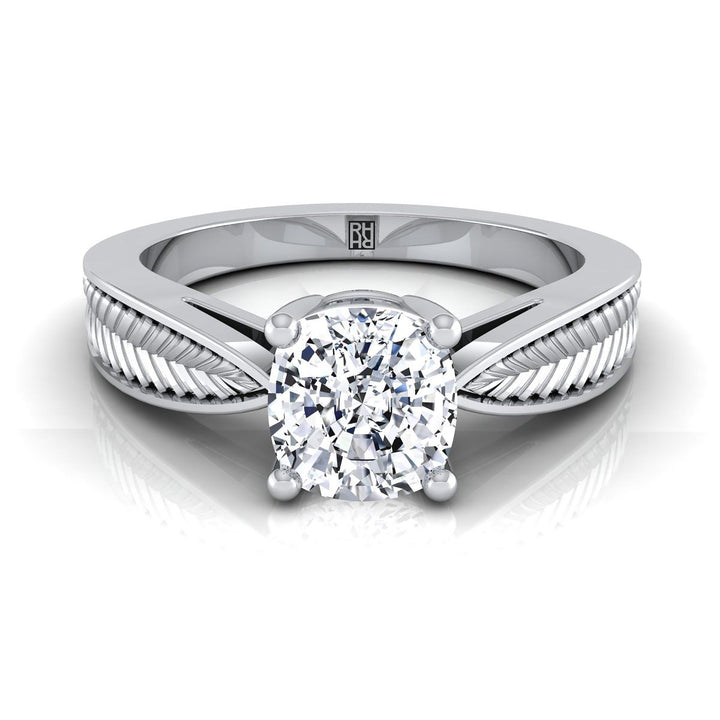 Vintage Leaf Pattern Solitaire Cushion, in 18K White Gold, prong setting | RockHer