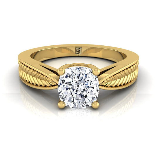 14K Yellow Gold Cushion Vintage Inspired Leaf Pattern Pinched Solitaire Engagement Ring