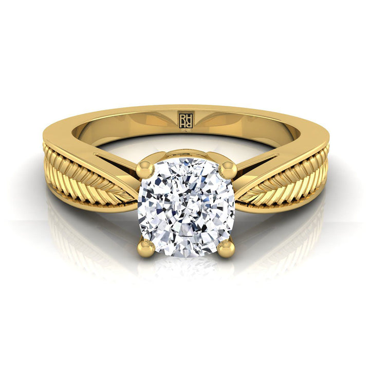 Vintage Leaf Pattern Solitaire Cushion, in 18K Yellow Gold, prong setting | RockHer