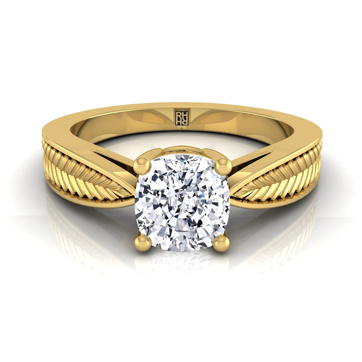 Roberta Select Vintage Leaf Pattern Solitaire Cushion Cut Lab Diamond Engagement Ring in 18K Yellow Gold | RockHer