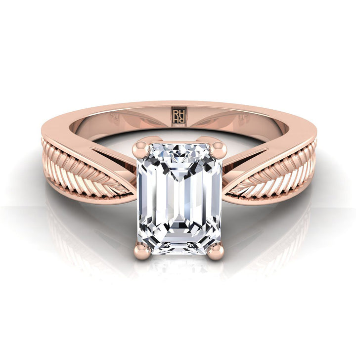 European Cut, Vintage Leaf Pattern Solitaire Emerald, in 14K Rose Gold, prong setting | RockHer