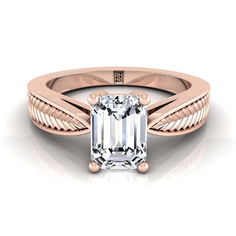 The Roberta Vintage Leaf Pattern Solitaire Emerald Cut Engagement Ring Setting in 14K Rose Gold
