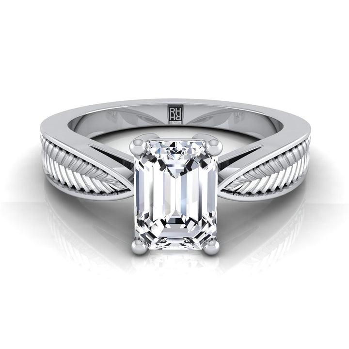 European Cut, Vintage Leaf Pattern Solitaire Emerald, in 18K White Gold, prong setting | RockHer
