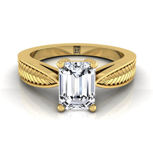 18K Yellow Gold Emerald Cut Vintage Inspired Leaf Pattern Pinched Solitaire Engagement Ring